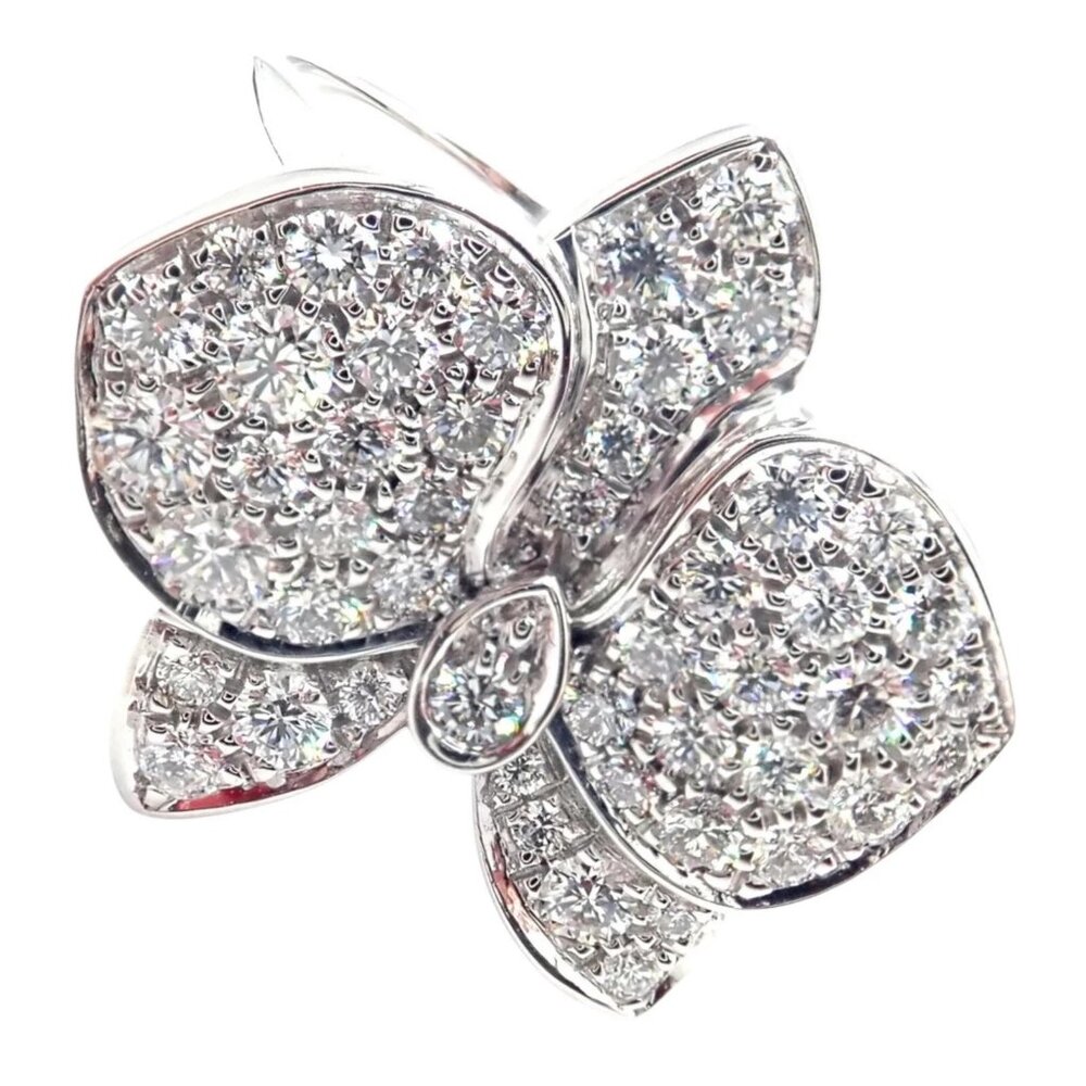 Authentic! Cartier Caresse D'orchidées Orchid Flower 18k White Gold Diamond Ring